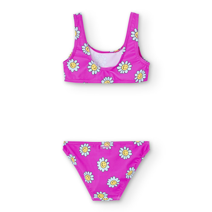 Bikini estampada niña, decoración de flores, color rosa