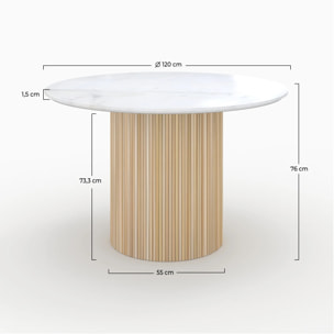 Table ronde 4 personnes en marbre blanc et bois de manguier D120 cm - Agathe