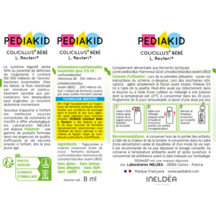 PEDIAKID - Colicillus Bébé - Suspension Huileuse à base de Lactobacillus Rhamnosus GG - Teneur Garantie 1 Milliard par Prise - Réduit les Contractions Abdominales - Goût Neutre -Flacon Compte-Gouttes
