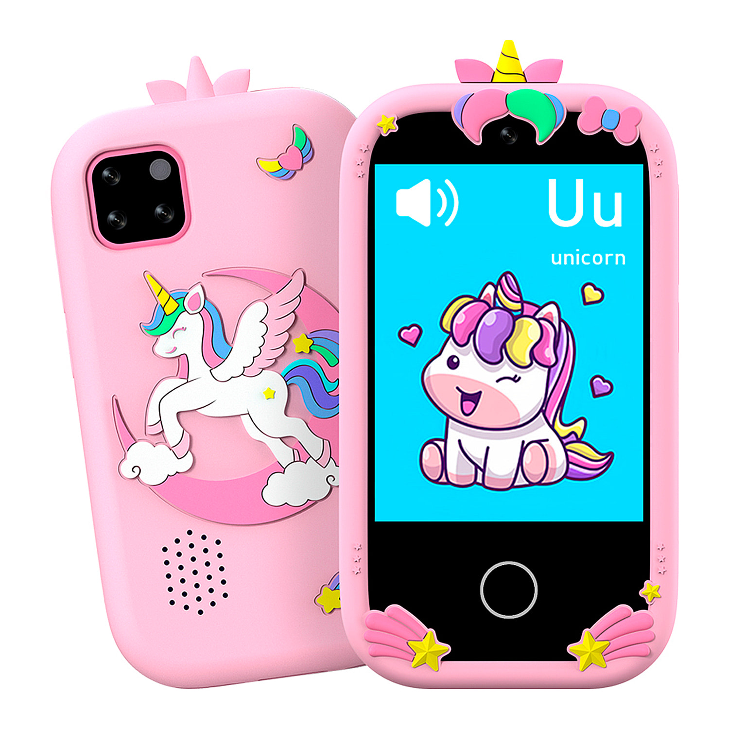 Teléfono infantil con 18 juegos y aprendizaje en inglés, con cámara dual y grabación de video. Pantalla táctil de 2,8". Sin posibilidad de SIM o llamadas. Funda de silicona de unicornio.