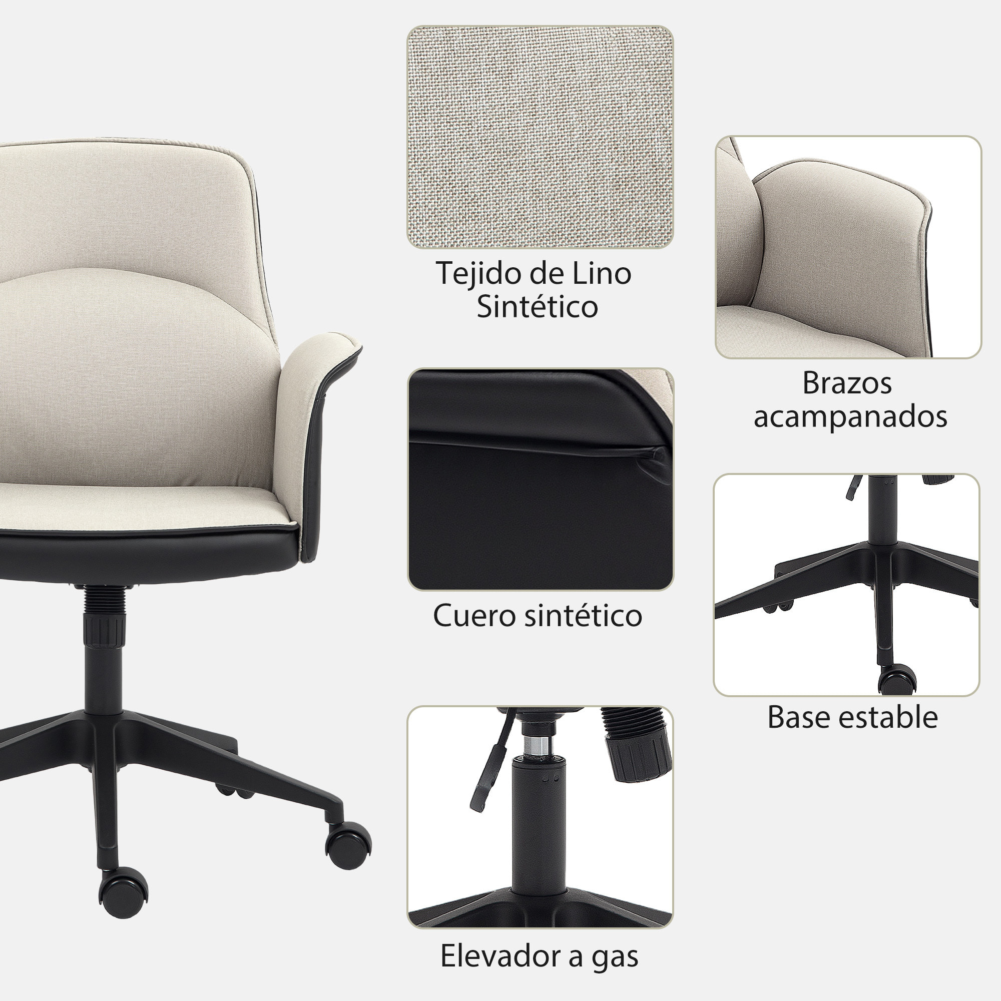 Silla de Oficina Giratoria Silla de Escritorio Altura Ajustable con Función de Basculante y Reposabrazos Silla de Estudio Carga 120 kg Beige y Negro