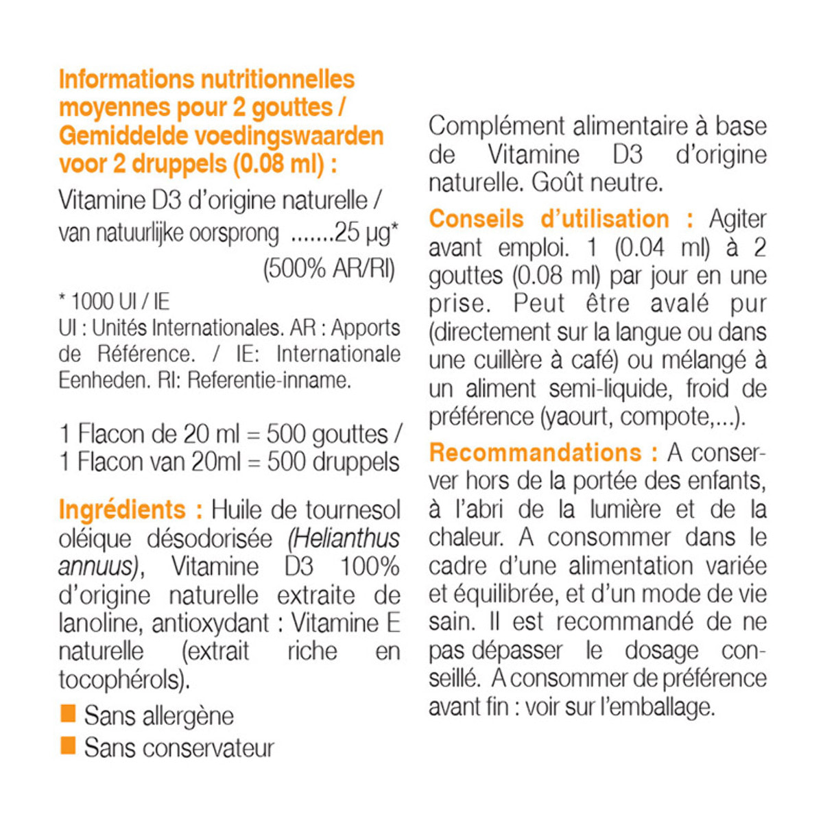NUTRI EXPERT - Vitamine D3 Naturelle 1000 UI - 100% d'origine naturelle - Contribue à l'absorption du calcium et du phosphore - Soutien de l'immunité - Sans allergène - Flacon 20ml