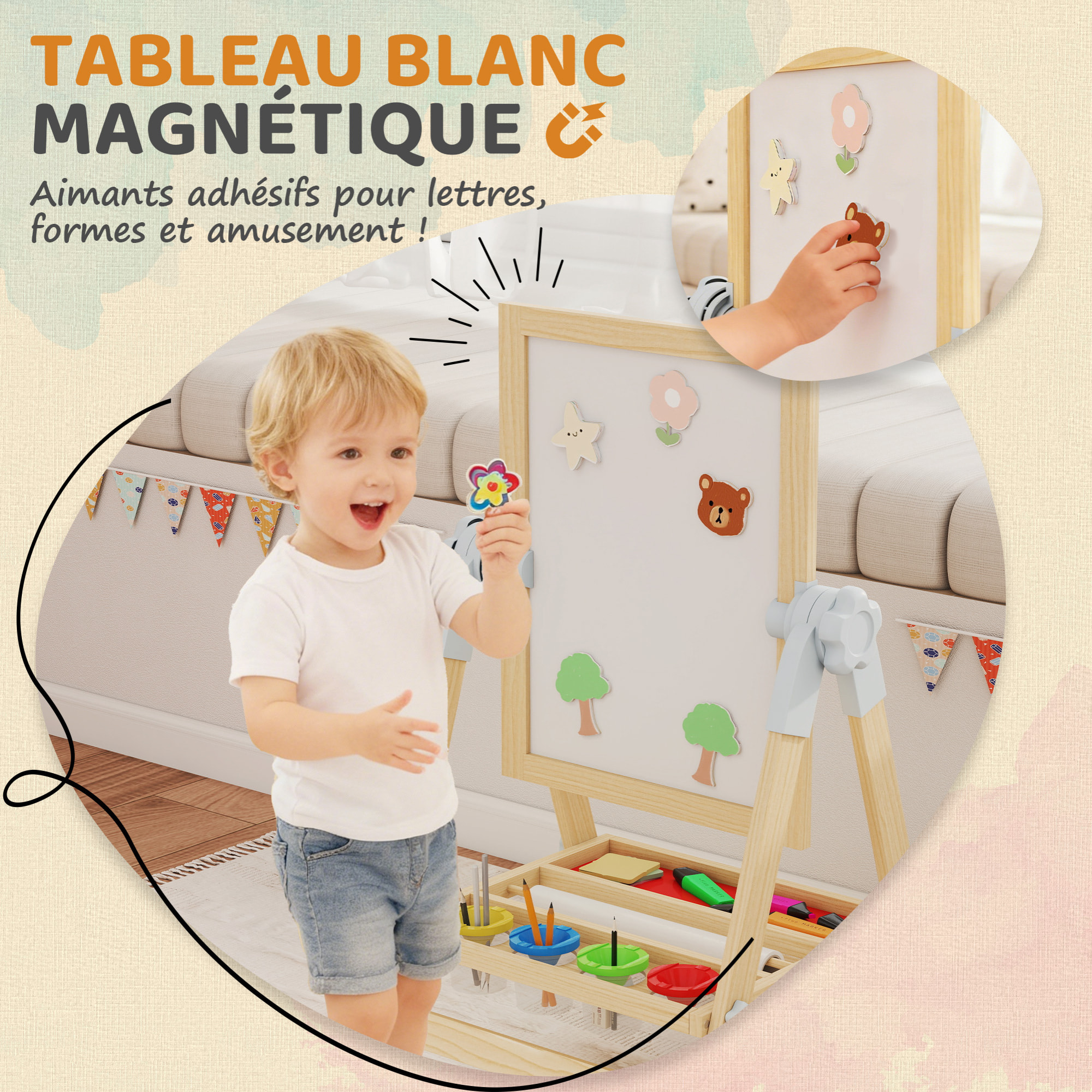 Tableau chevalet enfant - tableau blanc, tableau à craie, rouleau papier 3 en 1 - rangement intégrés - bois