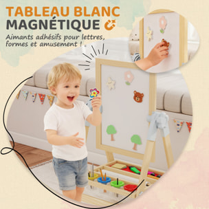 Tableau chevalet enfant - tableau blanc, tableau à craie, rouleau papier 3 en 1 - rangement intégrés - bois