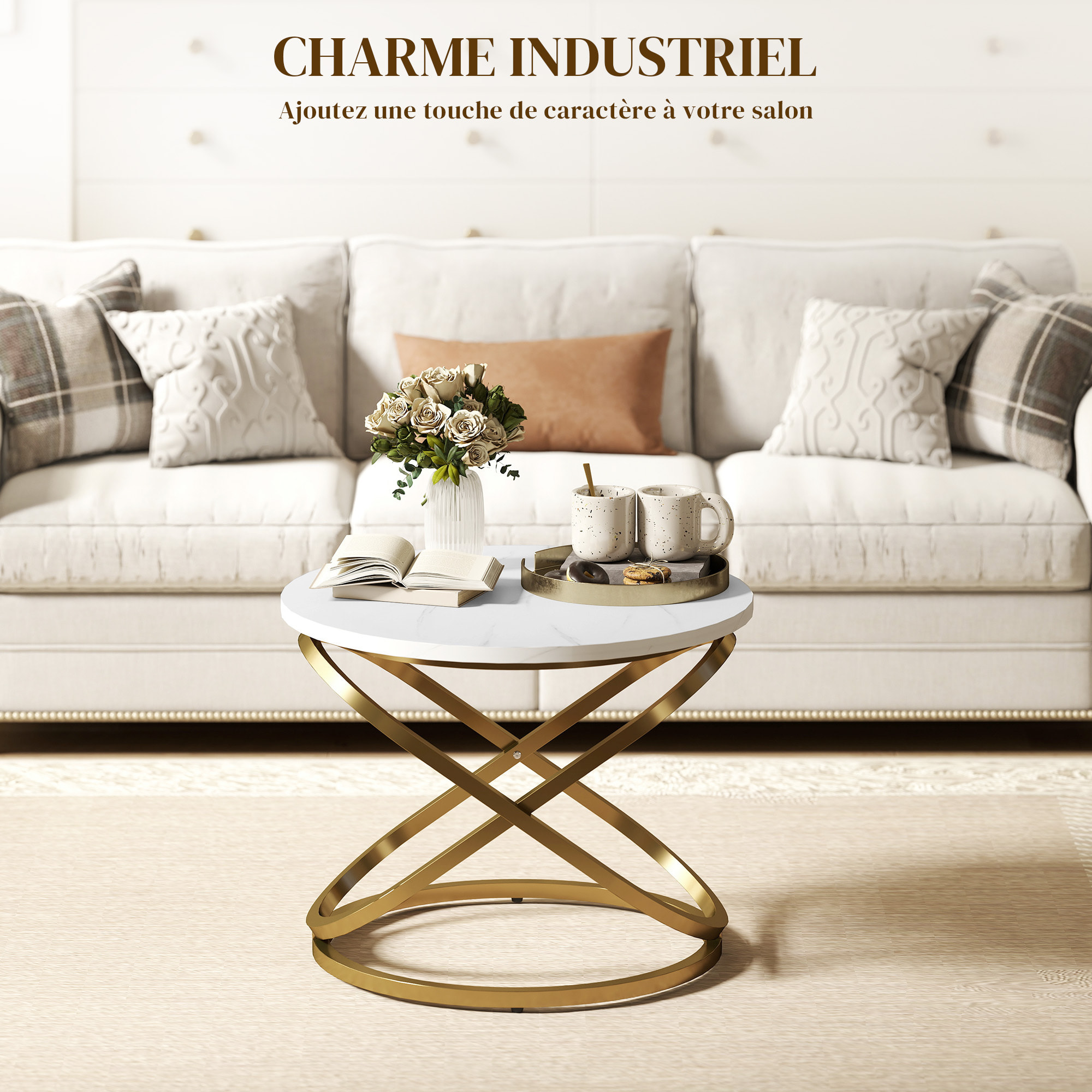 Table basse ronde design dia. 60 x 46 cm acier anneaux doré aspect marbre blanc