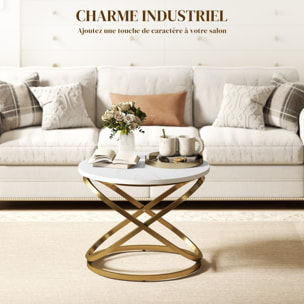 Table basse ronde design dia. 60 x 46 cm acier anneaux doré aspect marbre blanc