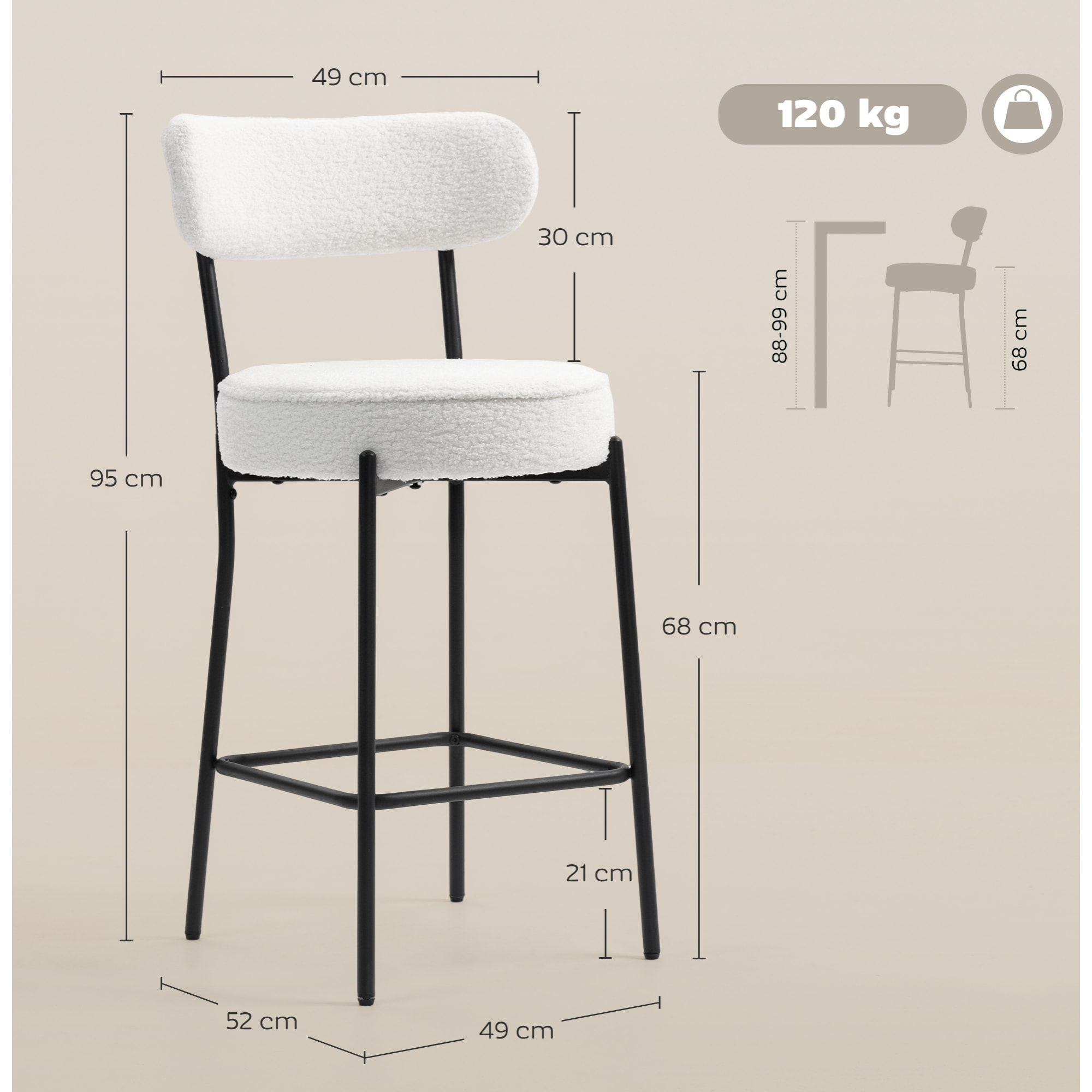 Lot de 2 tabourets de bar en tissu bouclé assise H.68 cm - lot de 2 chaises de bar - acier noir blanc cassé