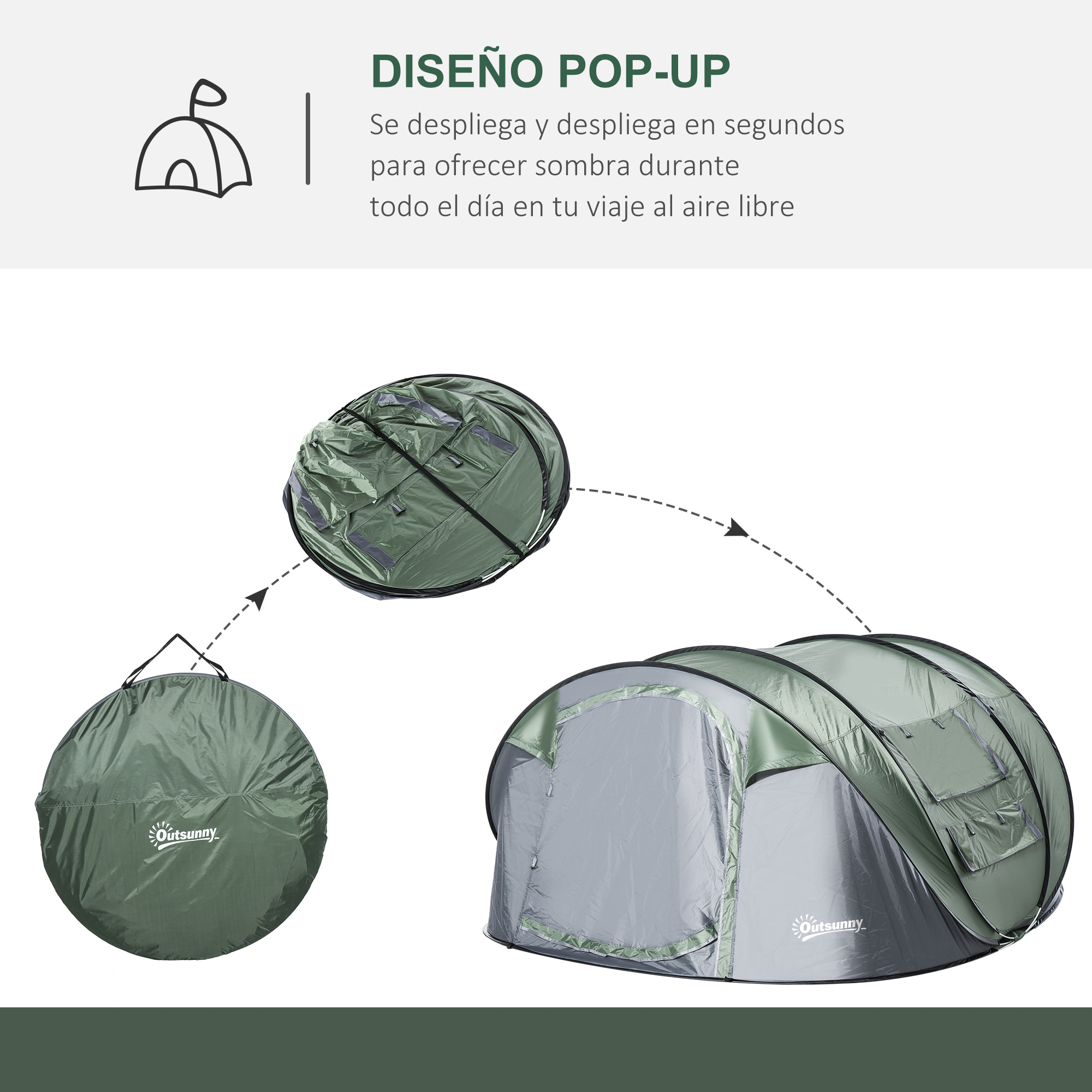 Tienda de Campaña Pop up para 4-5 Personas Tienda de Camping Instantánea con Ventanas Bolsillos y Bolsa de Transporte Impermeable Anti-UV 263,5x220x123 cm Verde y Gris