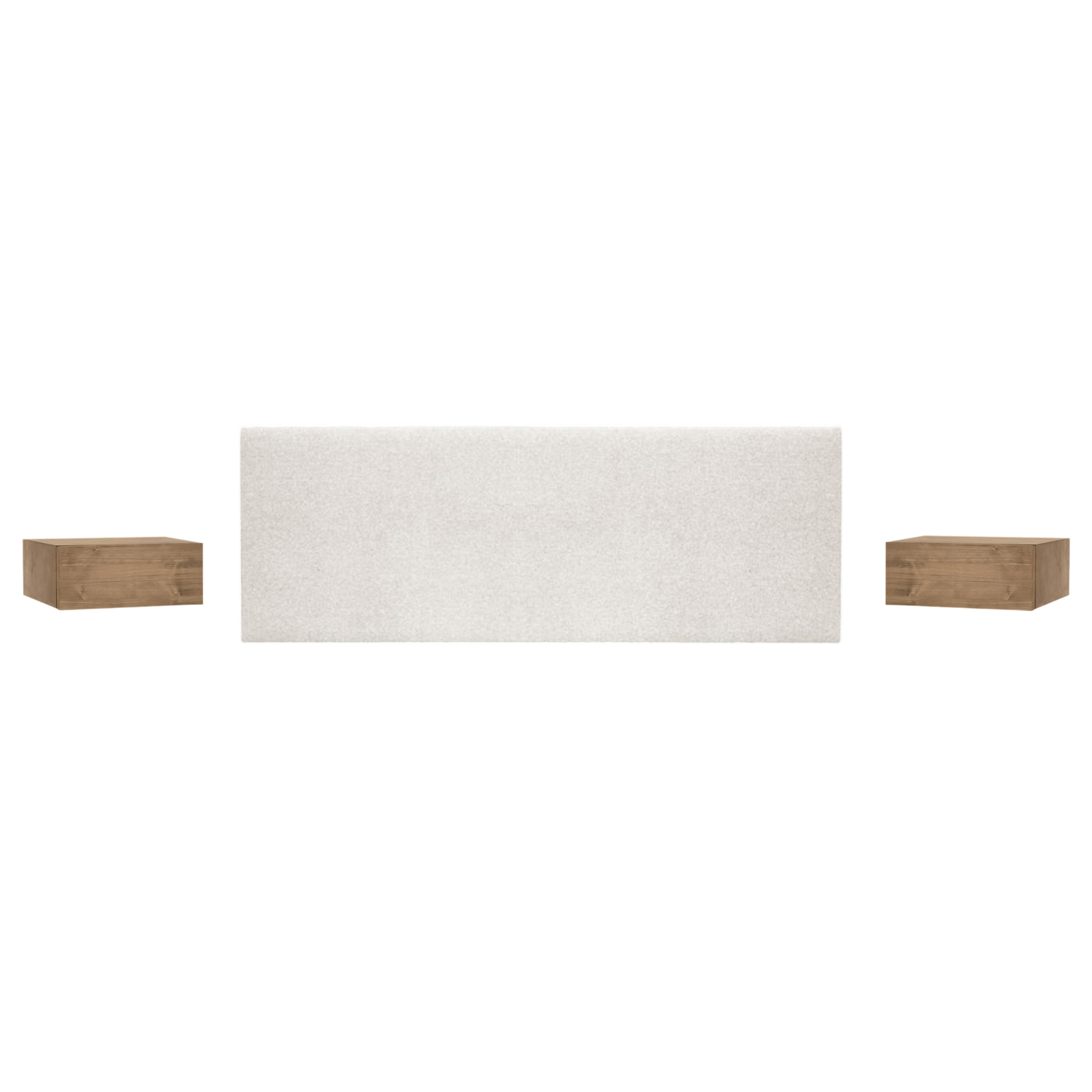 Pack tête de lit rembourrée beige et 2 tables de chevet flottantes en bois massif ton chêne foncé en différentes tailles