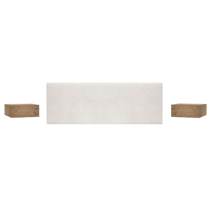 Pack tête de lit rembourrée beige et 2 tables de chevet flottantes en bois massif ton chêne foncé en différentes tailles
