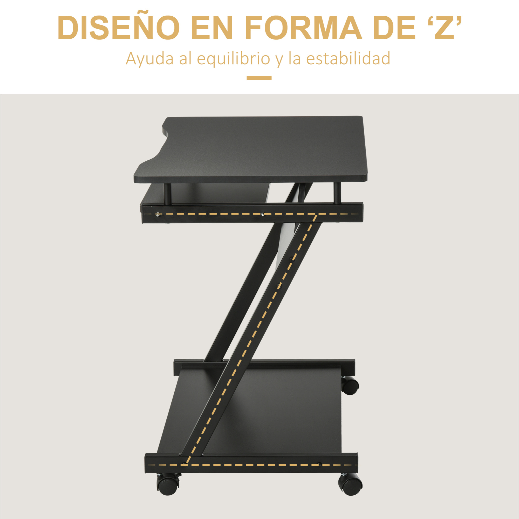 Mesa de Ordenador con Ruedas, 60x48 cm, Escritorio de Ordenador Moderno con Bandeja Deslizante para Teclado y Estante Inferior, Marco Metálico en Forma de Z, para Oficina, Estudio, Negro