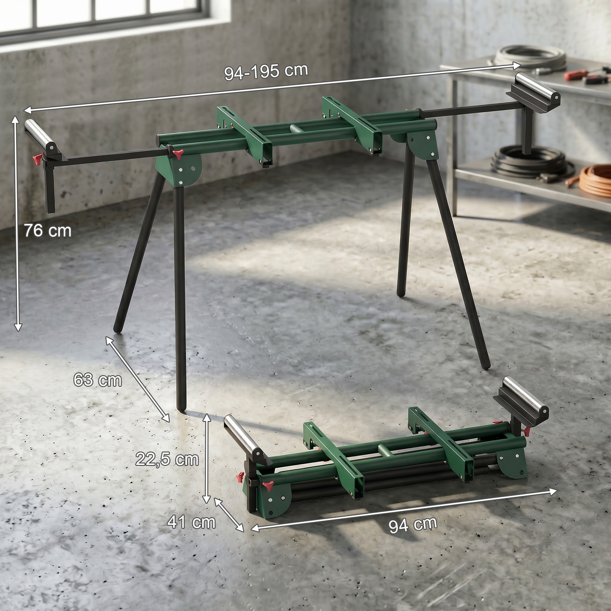 Soporte de Sierra Ingletadora, Universal con Rodillos Extensibles 94-195 cm, Banco de Trabajo Plegable con Altura y Ancho Ajustable, Estructura Metálica Reforzada, Sistema Fijación Carga 150 kg