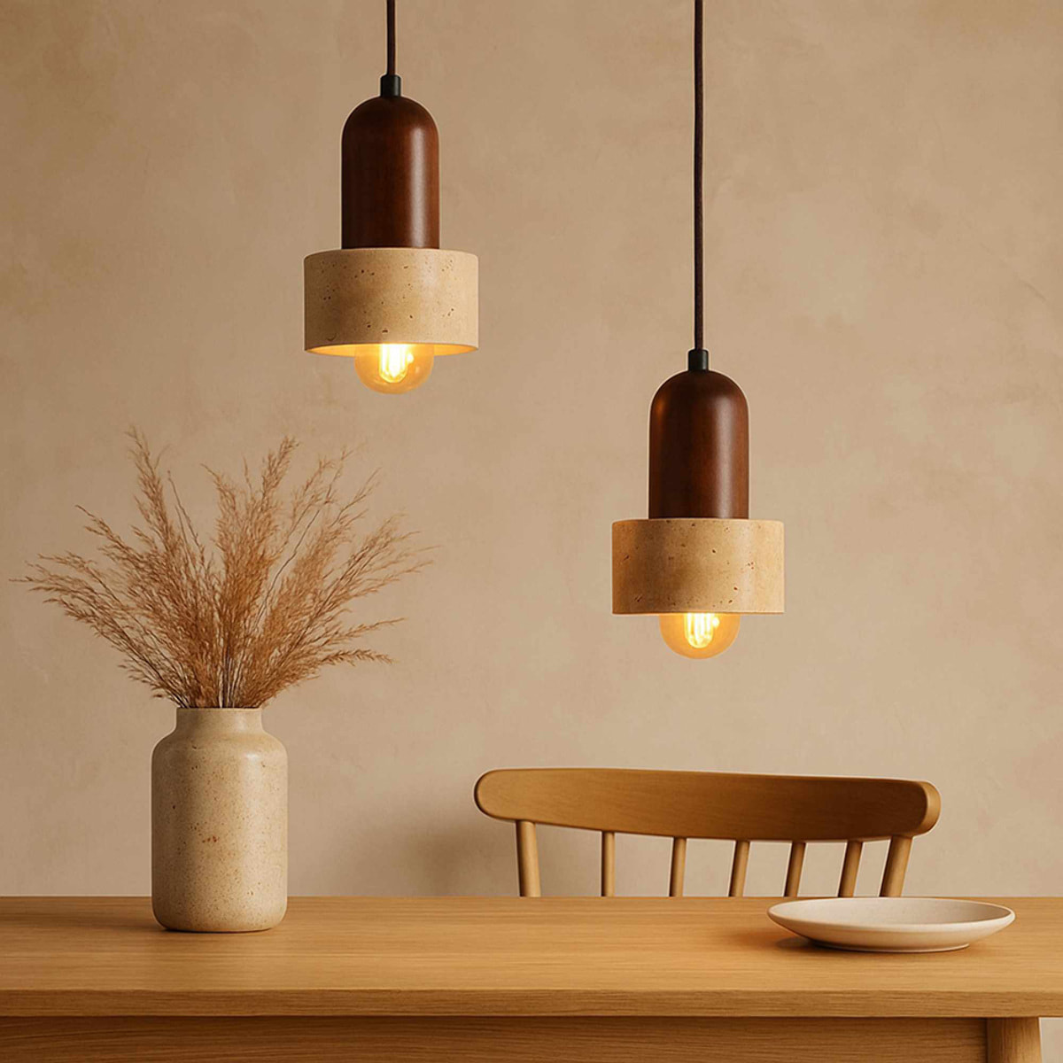 Suspension design 2 spots en travertin et effet bois noyer TIVOLI