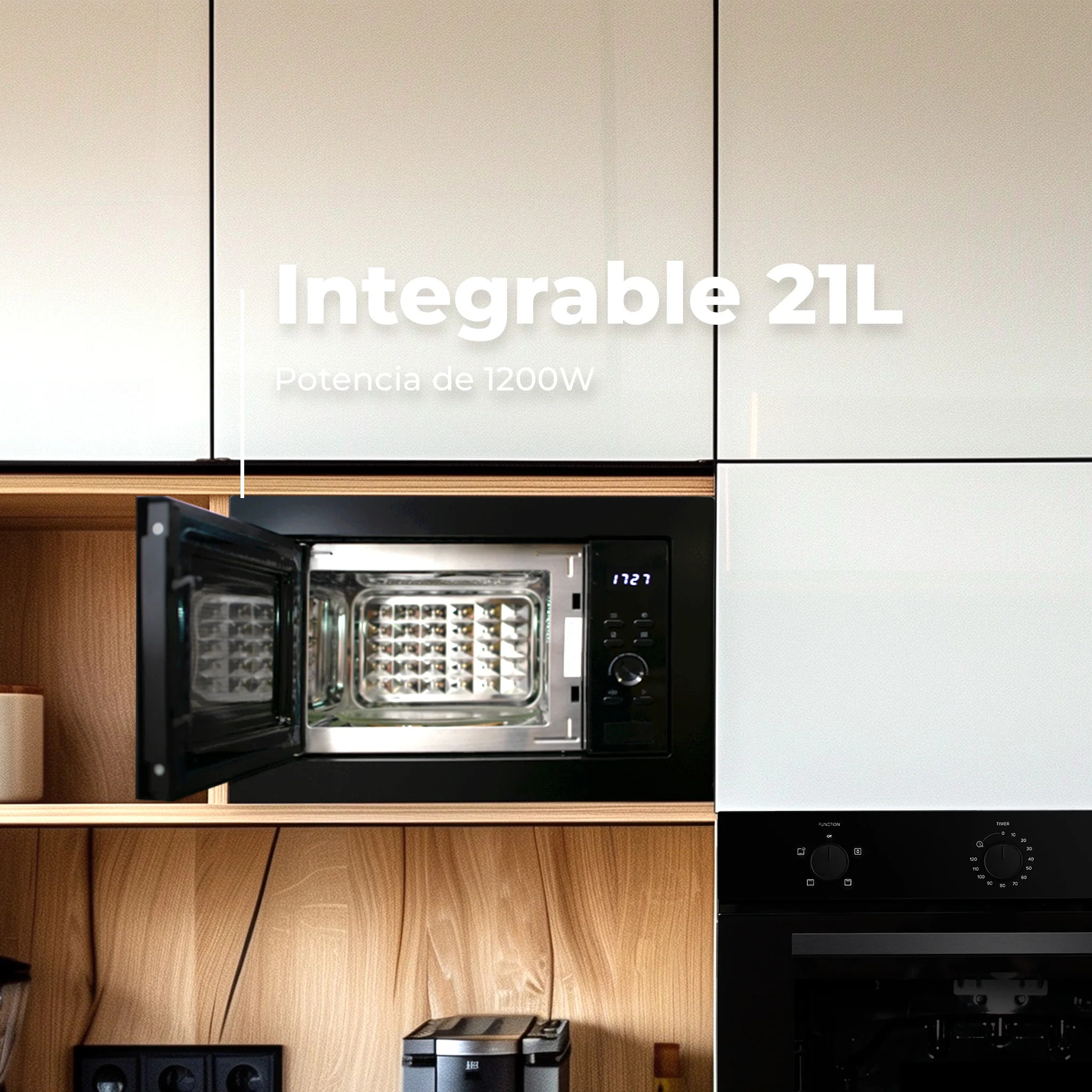 EVVO Microondas integrable Mi30 Black, 21L, grill 1000W, multifunción, descongelar, temporizador 60 min, display digital, negro.