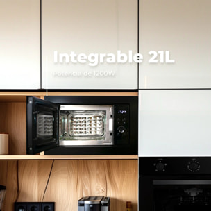 EVVO Microondas integrable Mi30 Black, 21L, grill 1000W, multifunción, descongelar, temporizador 60 min, display digital, negro.