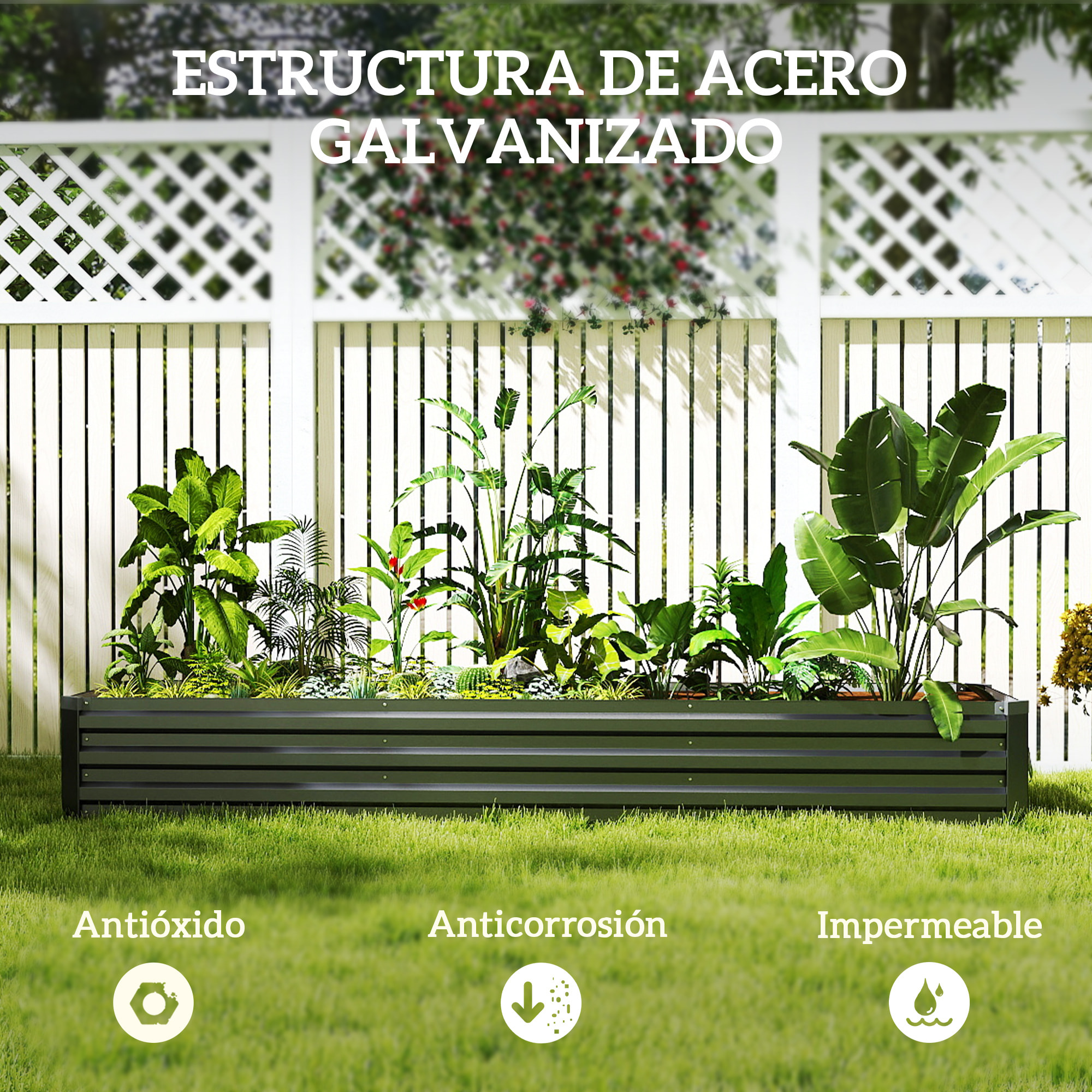 Jardinera Exterior Grande Rectangular de Acero Galvanizado, Huerto Urbano para Cultivar Plantas Hierba, Macetero Grande Exterior con Base Abierta Resistente a la Intemperie 240x60x30 cm Gris