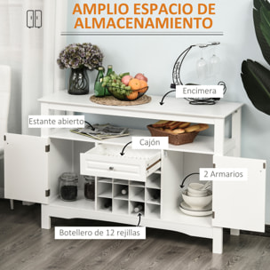 HOMCOM Aparador de Cocina Aparador de Comedor con 1 Cajón 1 Estante Abierto 2 Puertas y Botellero para 12 Botellas para Salón 116,5x40x82,5 cm Blanco