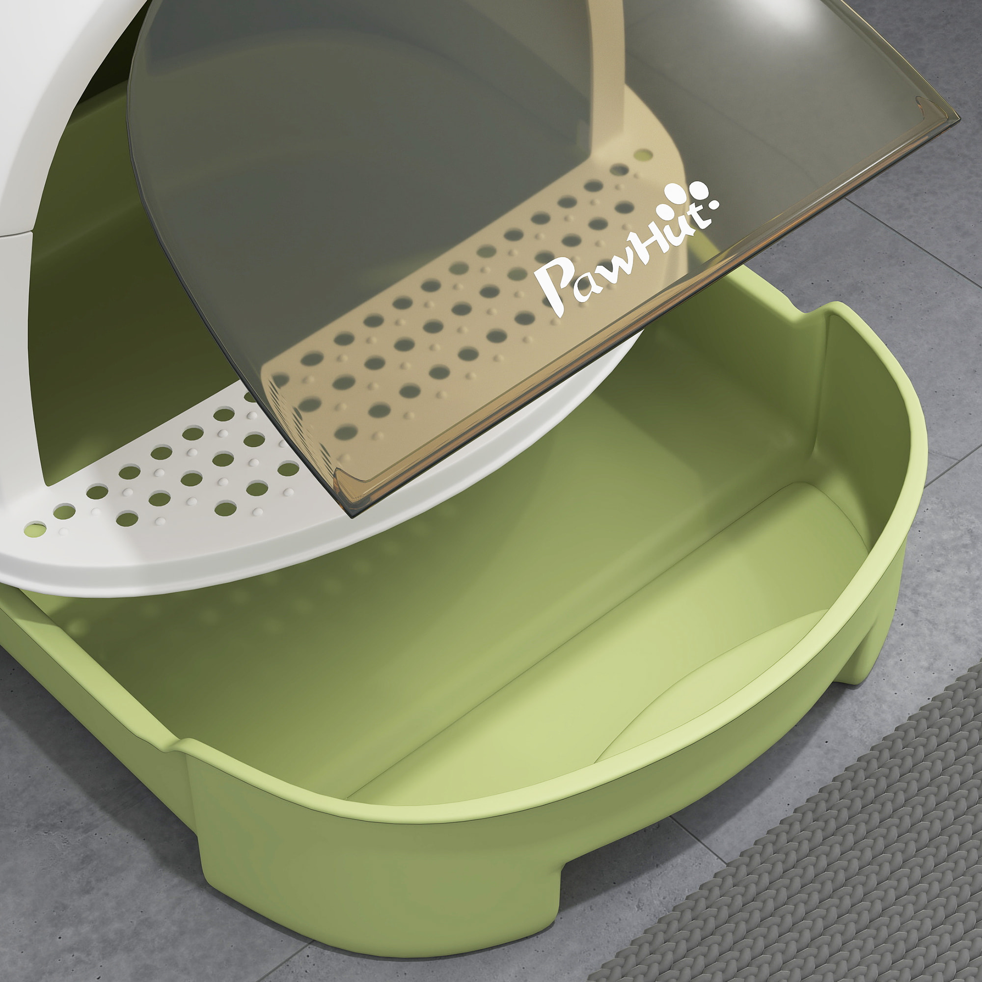 Maison de toilette chat design - porte fumée, pelle, 2 sacs désodorisation, tiroir litière coulissant, poignée - blanc vert