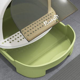 Maison de toilette chat design - porte fumée, pelle, 2 sacs désodorisation, tiroir litière coulissant, poignée - blanc vert