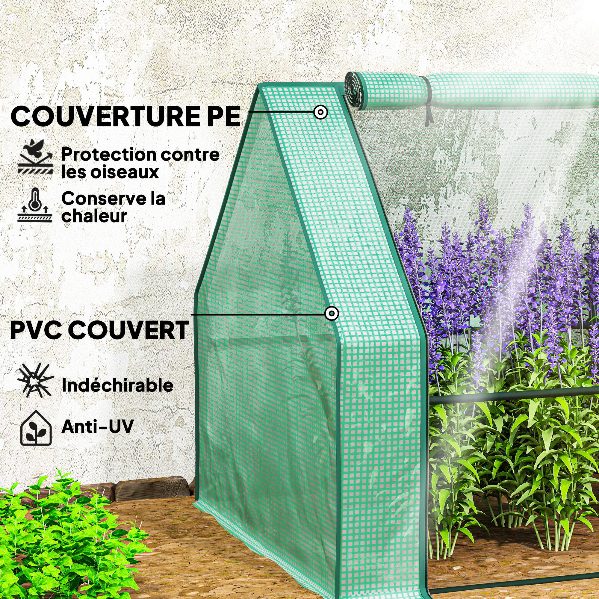 Mini Serre tunnel de Jardin - 4 fenêtres avec Zip enroulables - Acier PE 140 g/m² Anti-UV - 360x90x90cm - Vert