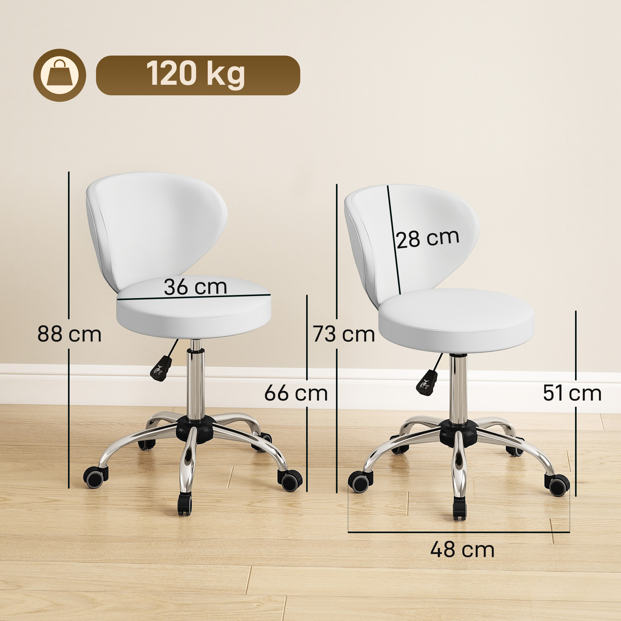 Tabouret de massage travail pivotant réglable 51-66H cm dossier ergonomique blanc