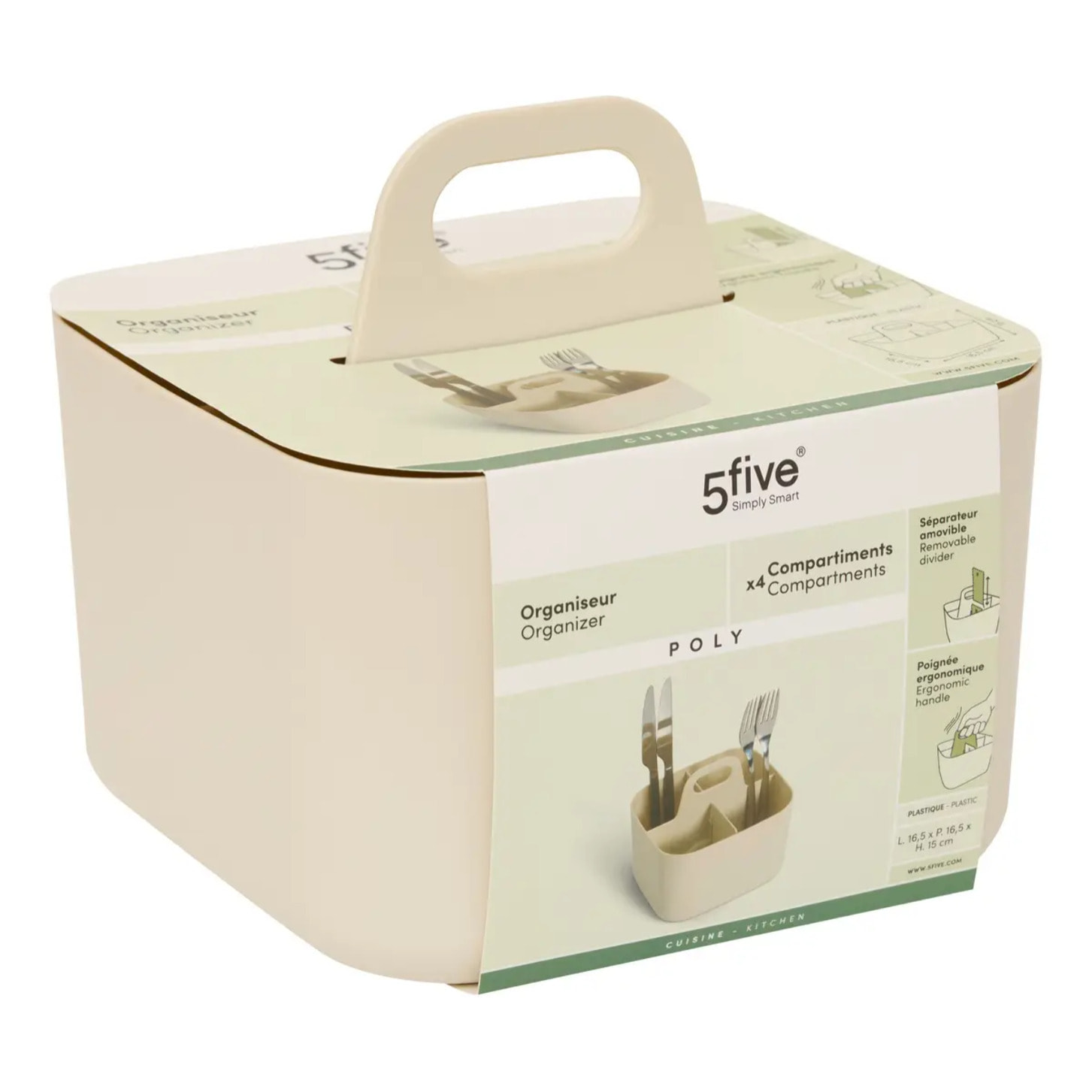 Organiseur Poly 16,5x16,5x15cm beige compartiments amovibles