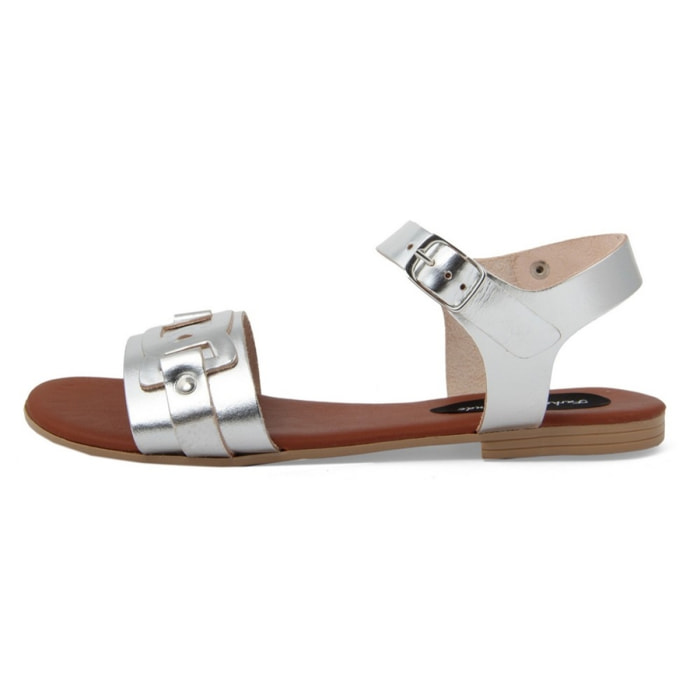 Sandali Flat Made in Italy in pelle colore Argentato, Altezza tacco 1,2 cm