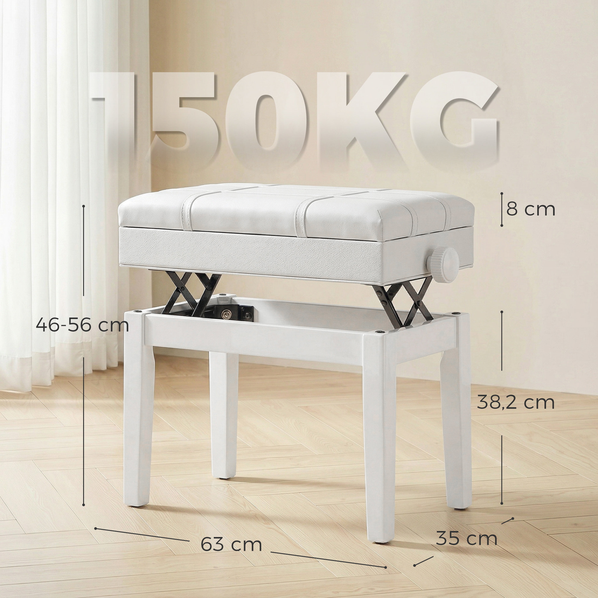 Banquette tabouret siège pour piano coffre intégré hauteur réglable bois hévéa assise revêtement synthétique blanc