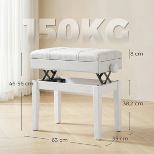 Banquette tabouret siège pour piano coffre intégré hauteur réglable bois hévéa assise revêtement synthétique blanc