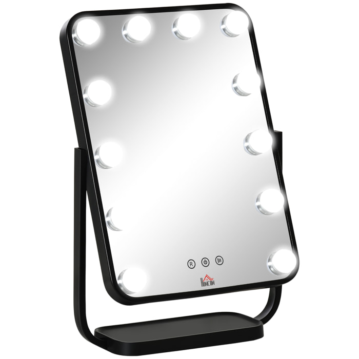 Espejo de Maquillaje con Luz Espejo Hollywood de Mesa con 12 LED 3 Modos y Luz Ajustable Pantalla Táctil y Función de Memoria para Dormitorio Baño 32,8x11x47,4 cm Negro