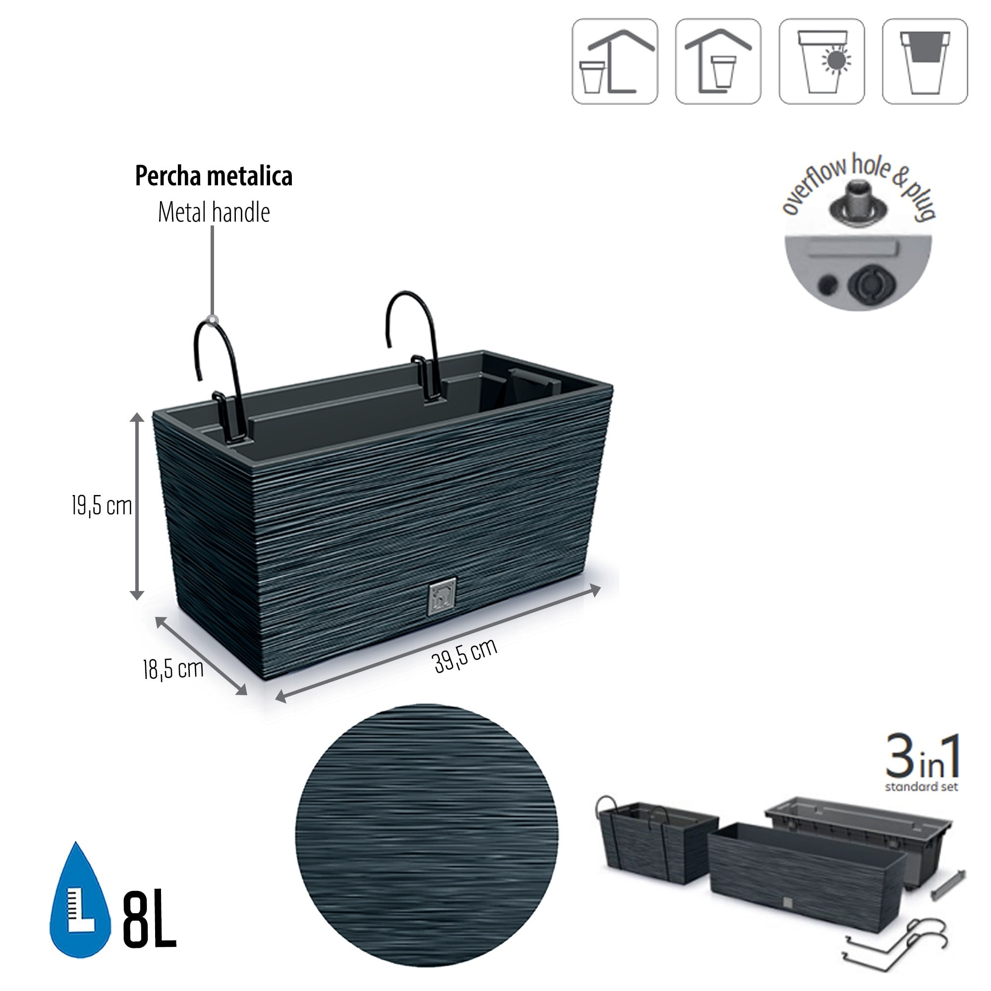Macetero color antracita, con depósito y ganchos para colgar, colección FURU, de 39,5 x 18,5 x 19,5 cm, capacidad de 8 L.
