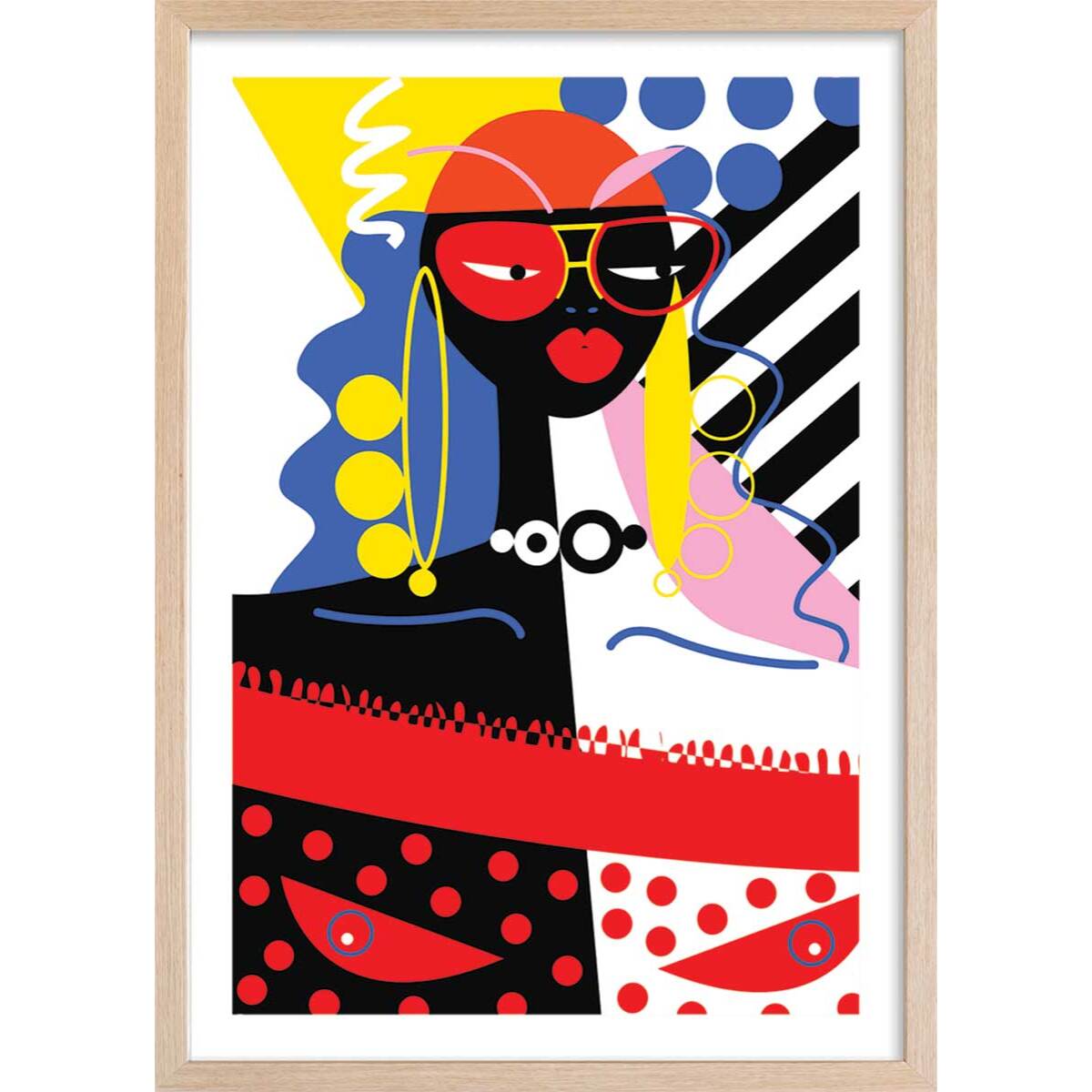 Affiche collage la femme aux lunettes Affiche + cadre en bois - Chêne