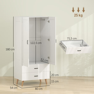 Armoire penderie 2 portes 2 tiroirs et barre de suspension, 80x54x180cm, blanc