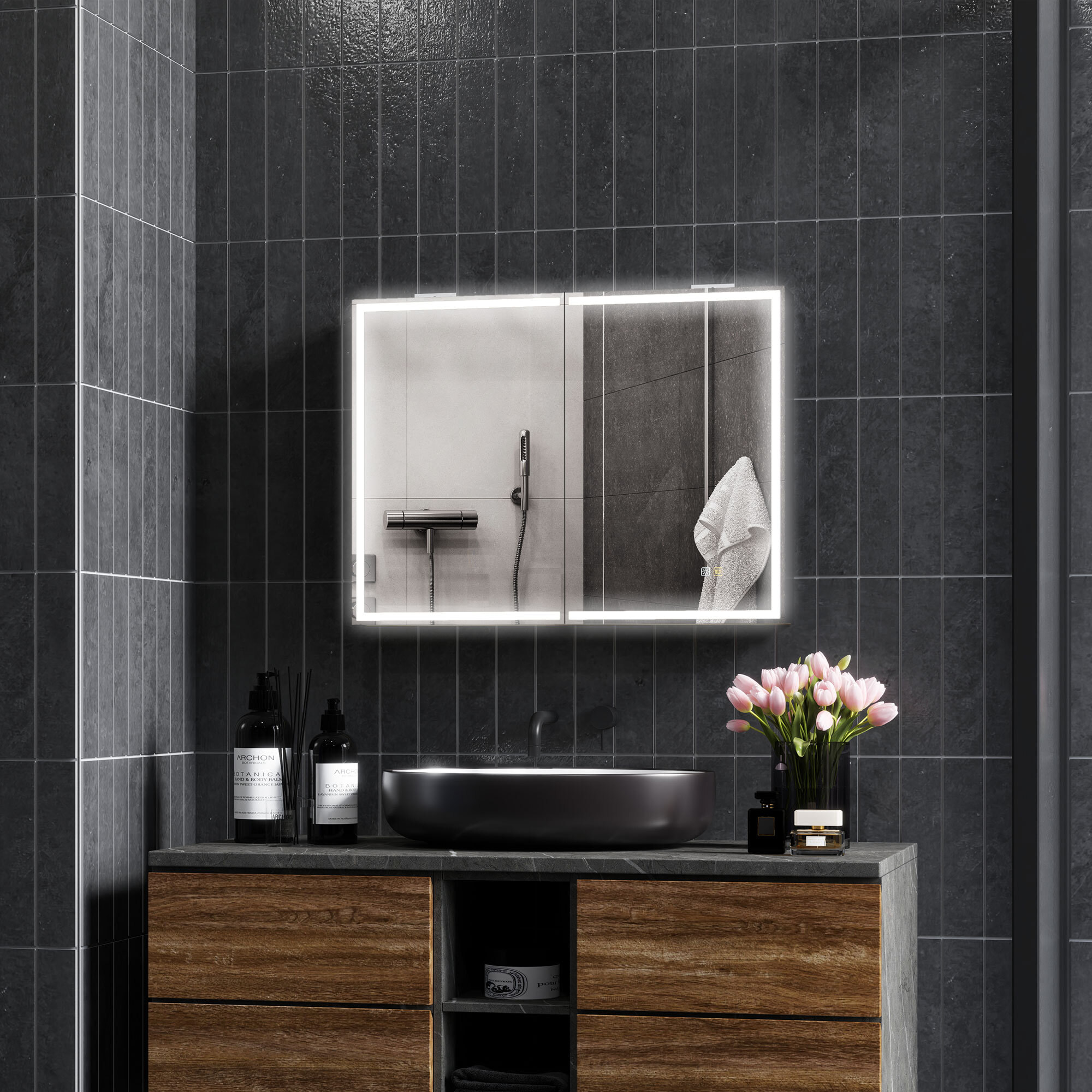 Armoire murale salle de bain  2 portes miroir lumineux LED intégré 60 x 80 cm 2 étagères verre alu noir