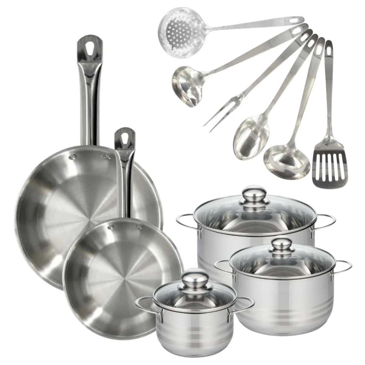 Set 2 poêles 24 et 28 cm en inox, 3 faitouts inox 16, 20 et 24 cm et 6 ustensiles inox Fackelmann Eterna