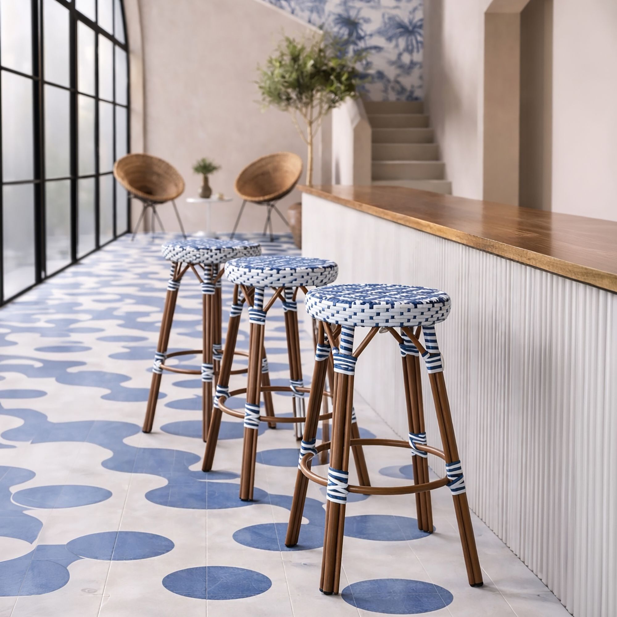 Tabouret haut d'extérieur en textilène tressé bleu SCALA