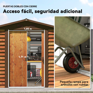 Caseta de Jardín Exterior 3 m² 235,7x152x208,7 cm Cobertizo de Jardín Exterior Metálica con 2 Puertas Corredizas y 4 Ventanas para Almacenamiento de Herramientas Efecto Madera Natural y Café