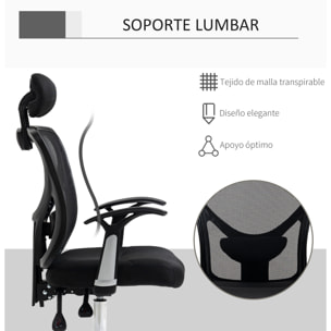 Vinsetto Silla de Oficina Ergonómica Silla Escritorio Giratoria con Altura Ajustable Función Reclinable Reposacabezas Regulable y Soporte Lumbar 65x67x108-118 cm Negro