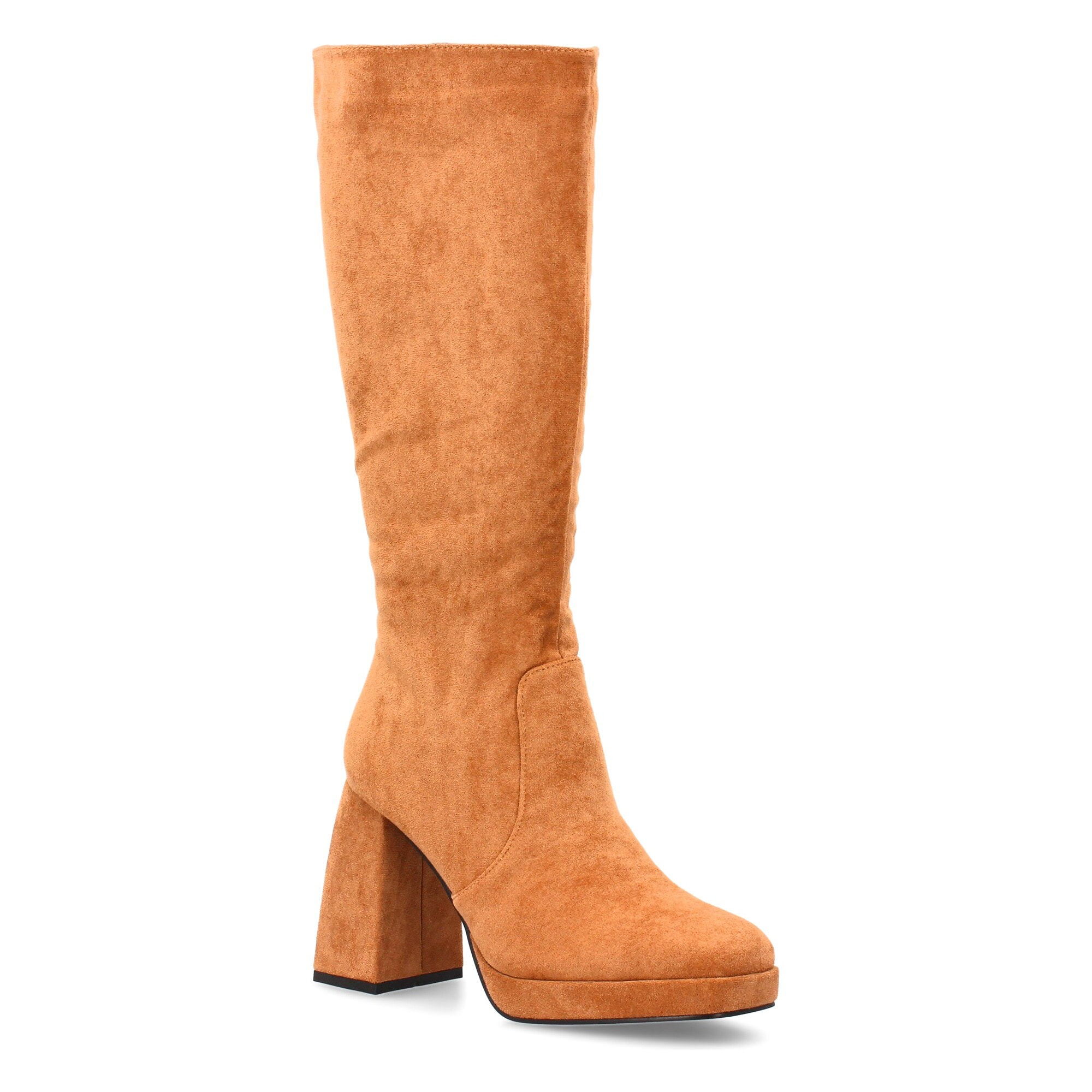 Bota alta con tacón ancho y plataforma elegante.