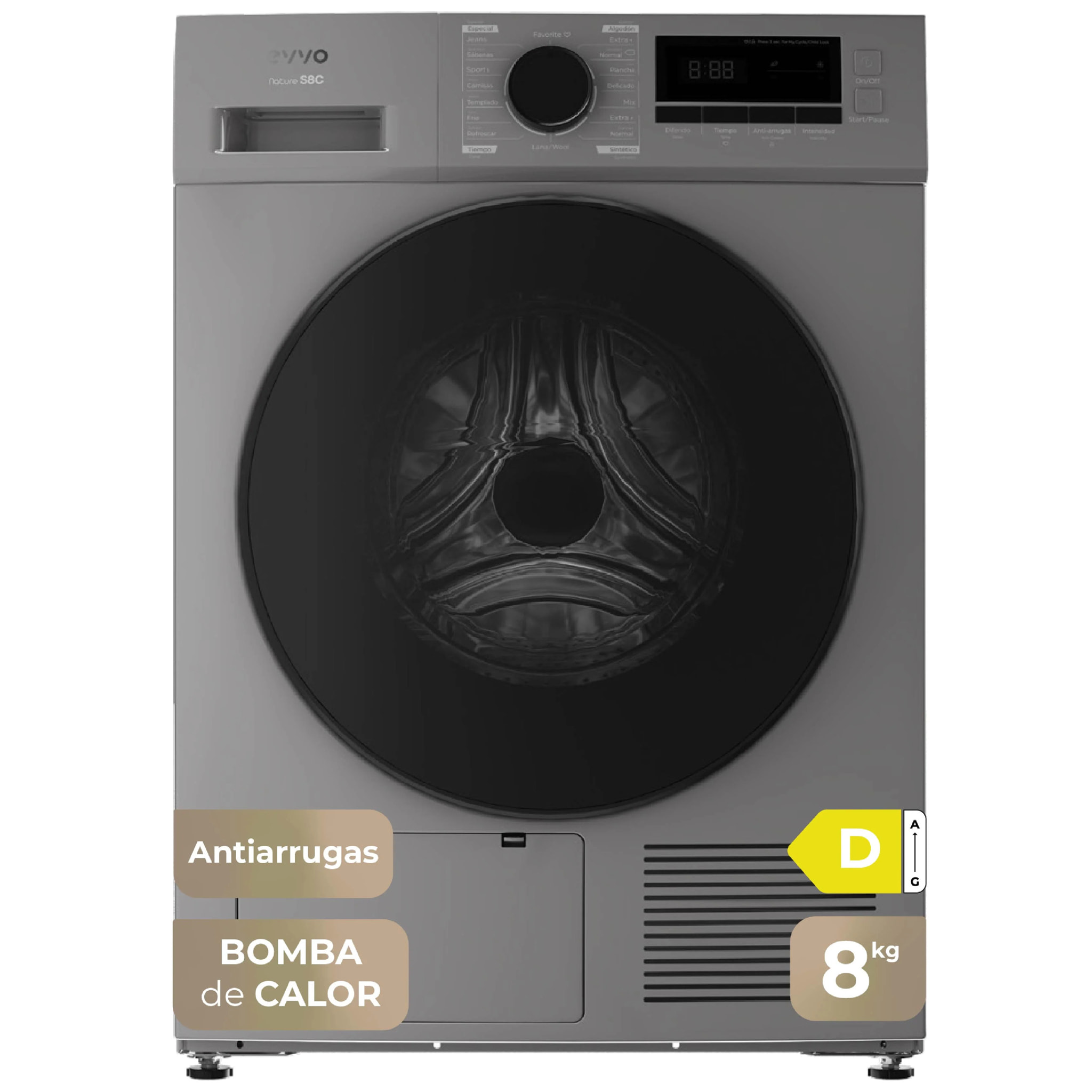EVVO Secadora 8 kg bomba de calor S8, Clase energética D, Airfresh, Sensor de humedad, Antiarrugas, Inicio diferido, inox