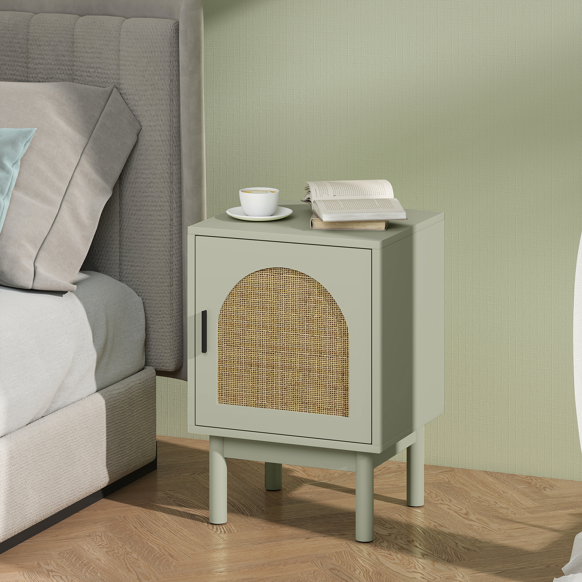 Mesita de Noche Mesilla de Noche con Puerta de Ratán Estante Ajustable y Patas de Madera Estilo Bohemio Mesa Auxiliar para Salón Dormitorio 40x35x58 cm Blanco