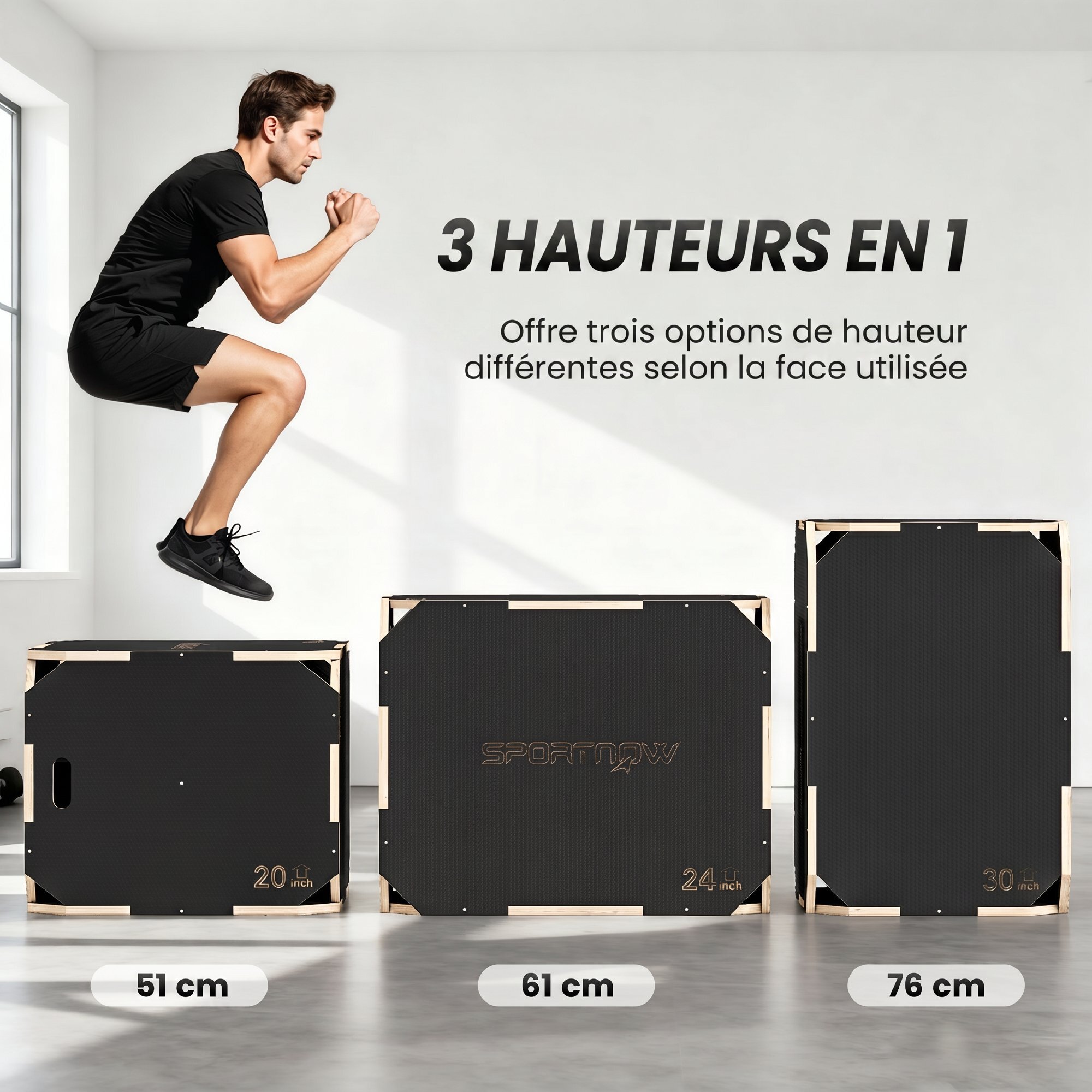 Box jump - box de pliométrie - boite de saut - 3 hauteurs 51/61/76H cm - charge max. 120 Kg - contreplaqué antidérapant noir