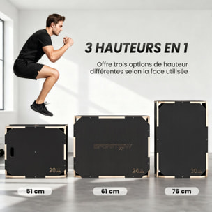 Box jump - box de pliométrie - boite de saut - 3 hauteurs 51/61/76H cm - charge max. 120 Kg - contreplaqué antidérapant noir