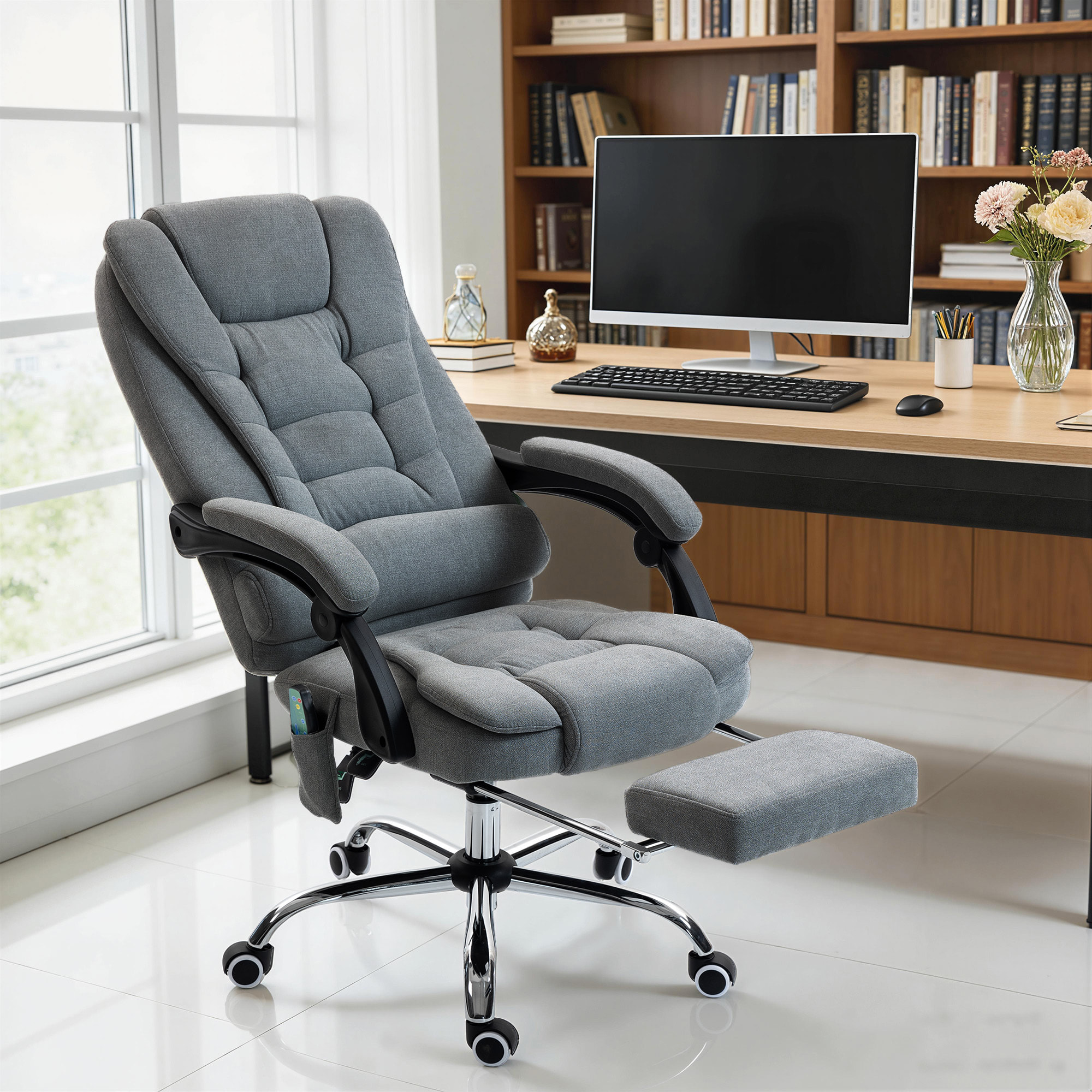 Fauteuil de bureau direction massant chauffant hauteur réglable dossier inclinable tissu gris foncé