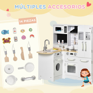 CocinadeJuguetedeMaderaInfantilde+3AñosSonidos14AccesoriosTeléfonoFregaderoExtraíbleMicroondasGrifo82x65x87cmBlanco