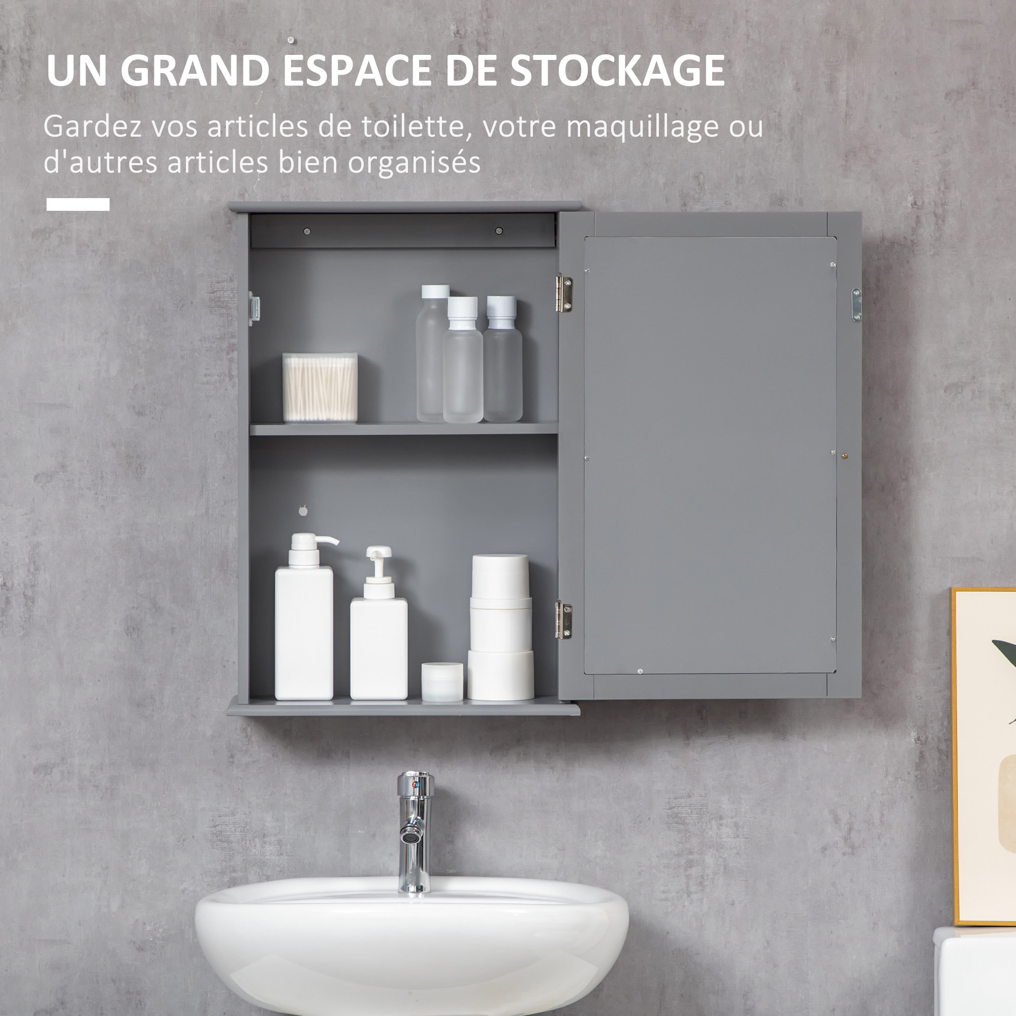 Armoire miroir mural de salle de bain - porte, 2 étagères - dim. 41L x 14l x 60H cm - gris