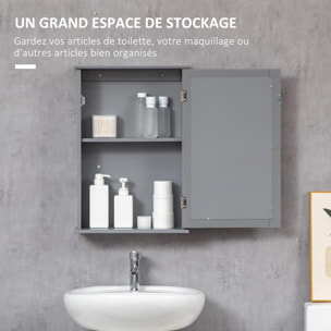 Armoire miroir mural de salle de bain - porte, 2 étagères - dim. 41L x 14l x 60H cm - gris
