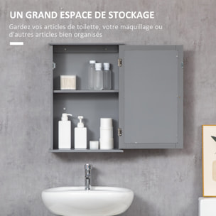 Armoire miroir mural de salle de bain - porte, 2 étagères - dim. 41L x 14l x 60H cm - gris