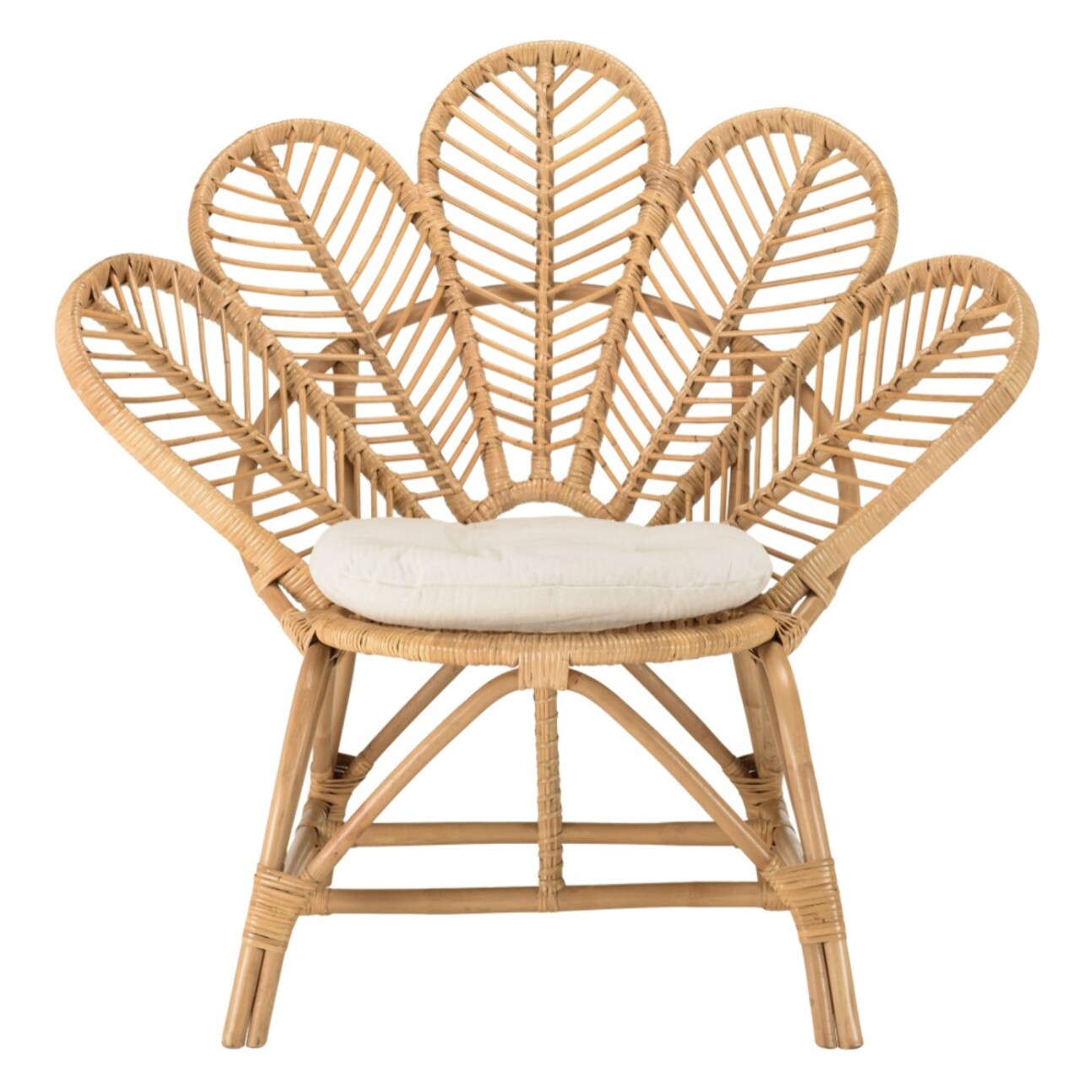 KALLY - Fauteuil 'fleur' rotin couleur brun miel coussin d'assise blanc KALLY