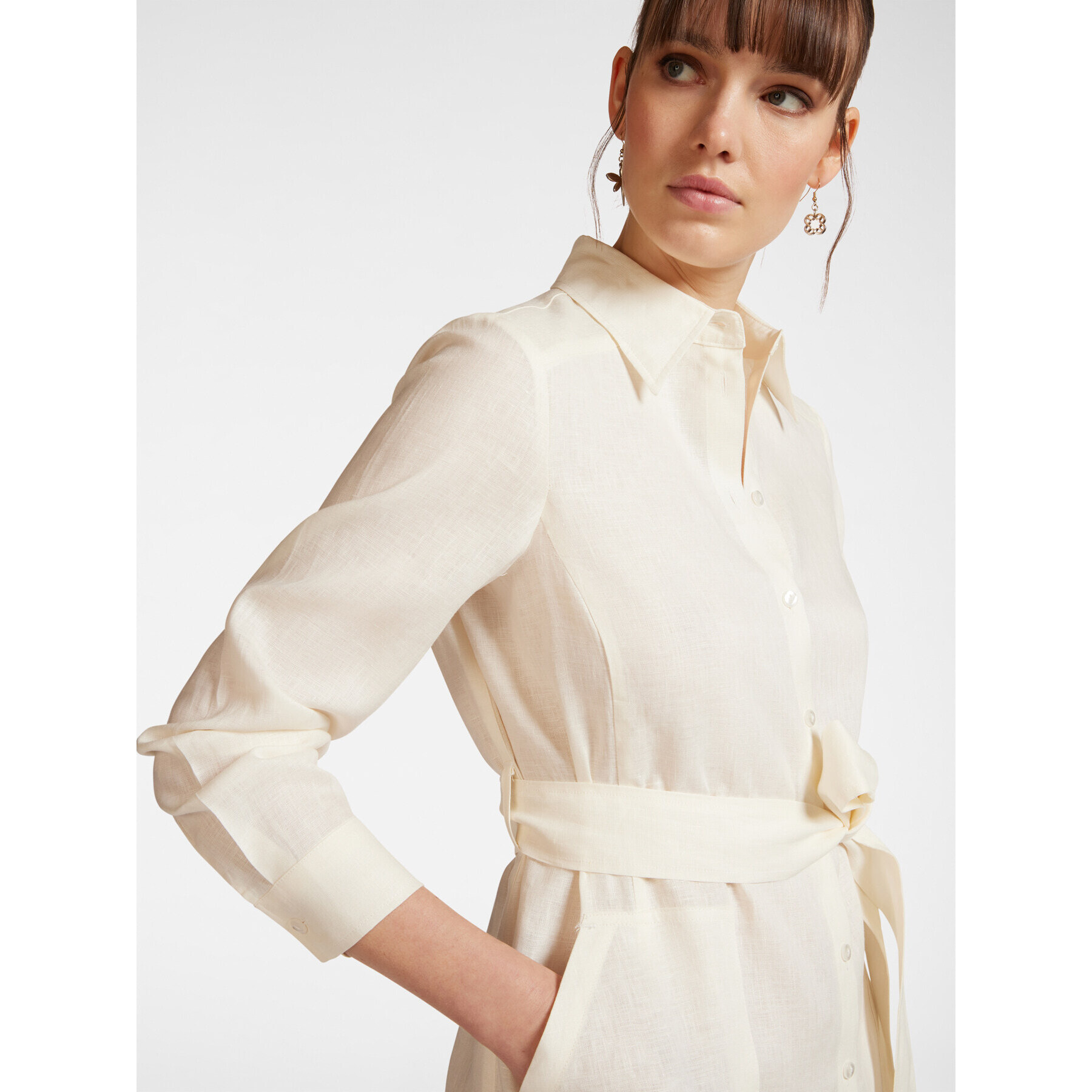 Elena Mirò - Vestido de lino con bordado en el bajo - Blanco